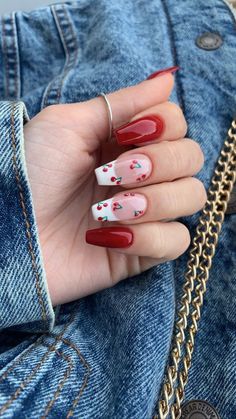 Cherry Nails Almond Shape, Nail Design Coffin Shape, Cherry Nails Simple, Nail Cherry Designs, Black Nails With Cherries, Simple Nail Designs Coffin Shape, Cherry Nails Aesthetic, Cherry Nails Coffin, Summer Fall Nails