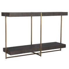 a black and gold console table with two shelves on one side, an open shelf to the other