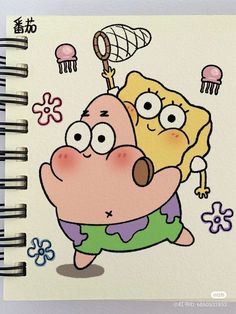 a notebook with an image of a cartoon character holding onto another character's head