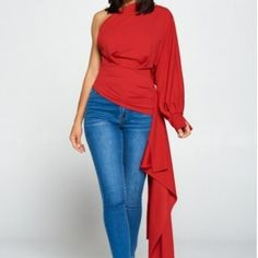 One Shoulder Solid Red Formal Party Holiday Blouse With Train. Great Piece For The Holiday's. 97% Polyester 3% Spandex Made In Usa Available In S, M, L Red Tops For Summer Party, Stretch Blouse For Party In Spring, Red Tops For Evening Parties, Red Tops For Evening Party Season, Red Tops For Evening And Party Season, Red Evening Tops For Party Season, Red One-shoulder Party Top, Red Long Sleeve Tops For Party Season, Red Fitted Top For Party Season