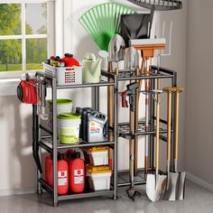 a metal shelf filled with cleaning supplies next to a window