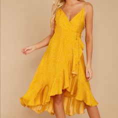 A Beautiful Yellow, Never Worn, Summer Midi Dress! Comfortable Adjustable Straps And Soft Material! Yellow Polka Dot Dress, Summer Midi Dress, Wrap Dress Short, Yellow Polka Dot, Red Dress Boutique, Darling Dress, Wrap Midi Dress, Midi Dress Summer, New Today