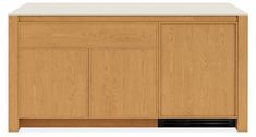 a wooden cabinet with white counter top and black drawering on the bottom, in front of a white background