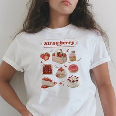 Strawberries are the superior fruit 🍓 ♡ More of Coquette Aesthetic: https://www.etsy.com/shop/RainieshopDesign?ref=seller-platform-mcnav&section_id=1   PRODUCT DETAILS   ♡ Gildan Heavy Cotton™ Tee ♡ Made with 100% cotton ♡ Midweight fabric (5.3 oz/yd² (180 g/m ♡ Loose fit ♡ Sewn-in label ♡ Runs true to size  SIZING   ▸ Please refer to the last picture with size chart for sizes and product dimensions.  ▸ Be aware that these shirts are baby tees that can have a snug fit if you choose your normal Korean Fashion Shirt, Strawberry Aesthetic, Desserts Drawing, Kawaii Hoodie, Aesthetic Baby, Cottagecore Clothes, Berry Dessert, Harajuku Outfits, Streetwear Clothes