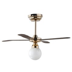 a ceiling fan with two blades and a light bulb