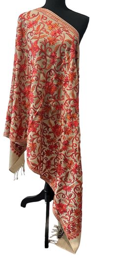 d Red Embroidered Shawl For Wedding, Red Silk Thread Embroidered Fabric, Wedding Shawl With Multicolor Embroidery, Festive Cream Embroidered Shawl, Multicolor Floral Embroidered Shawl For Wedding, Festive Cream Shawl With Embroidery, Festive Beige Embroidered Shawl, Red Floral Embroidery Shawl For Festivals, Bohemian Multicolor Embroidered Shawl For Wedding