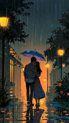 two people standing under an umbrella in the rain at night, one holding the other's head