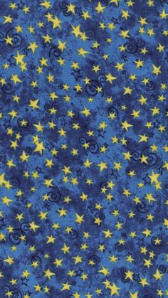 blue and yellow stars with swirls on the bottom are shown in this fabric design