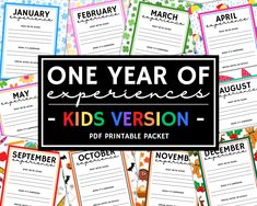 the one year of experiences - kids version printable packet is on display in front of a pile of children's books