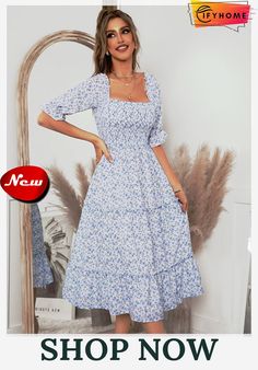 Square Collar Print Dresses for Women Casual Summer Half Sleeve Clong Chiffon Floral Beach Dress Wrap Sundress Fitted Knee-length Chiffon Dress For Beach, Summer Fitted Midi Chiffon Dress, Fitted Summer Midi-length Chiffon Dress, Fitted Summer Chiffon Midi Dress, Spring Vacation Fitted Chiffon Dress, Spring Chiffon Maxi Dress With Square Neck, Spring Square-neck Chiffon Maxi Dress, Casual Square Neck Chiffon Dress, Casual Chiffon Square Neck Dress