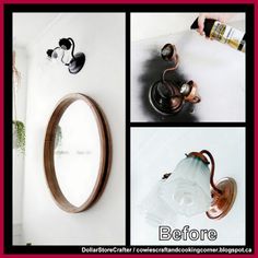 there are pictures of different things on the wall and in the bathroom, including an oval mirror