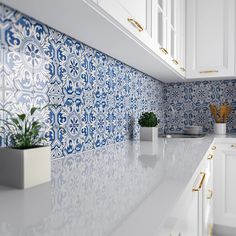 a blue and white tile backsplash in a kitchen with potted plants on the counter