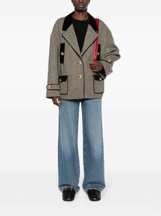 Gucci Herringbone single-breasted Coat - Farfetch Planet People, Single Breasted Coat, Wardrobe Edit, Yoko London, Chanel 2, Velvet Trim, 2024 Fashion, Herringbone Pattern, Exclusive Fashion