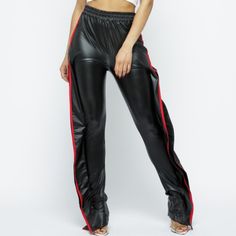 Elevate Your Style With These Nwt High-Waisted Joggers Featuring A Unique Side Ruffle Design. The Black And Red Striped Pattern Combined With The Leather Fabric Type And Slim Fit Make These Pants Perfect For Both Casual And Party/Cocktail Occasions. Made From A Comfortable Blend Of Polyester And Spandex, These Pull-On Joggers Are A Must-Have Addition To Any Women's Clothing Collection. These Trendy Pants Are A Size S And Have A Skinny Leg Style, Making Them Suitable For Regular Size Types. The A Black High Waist Polyurethane Bottoms, Black Polyurethane High-waisted Bottoms, Black Faux Leather Pants For Club, Black Polyurethane Bottoms For Club, Casual Black Polyurethane Leather Pants, Casual Black Polyurethane Bottoms, Casual Stretch Red Leather Pants, Chic Black Polyurethane Pants, Casual Faux Leather Club Bottoms