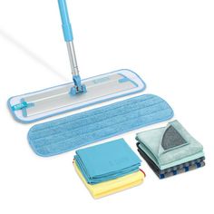 a mop, cleaning cloths and microfibre dust on a white background