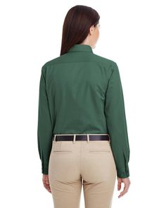 Ladies' Foundation 100% Cotton Long-Sleeve Twill Shirt with Teflon™ - HUNTER - L | Harriton Women's Foundation Cotton Long-Sleeve Twill Shirt with Teflon in Hunter Size Large Blue Khakis, Twill Shirt, Button Down Collar, Font Styles, Work Shirts, Print Logo, One Design, Cotton Twill, Button Up