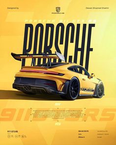 a yellow sports car with the word porsche on it's side and an image of a