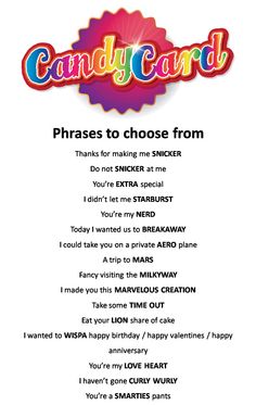 a candy card with the words, phrases to choose from