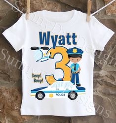 a police officer birthday shirt with the number three on it and an image of a boy in