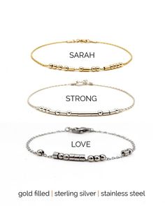 In silver. One with each of my baby's name. Affordable Stainless Steel Bracelet For Best Friend, Adjustable Minimalist Nickel-free Name Bracelet, Minimalist Personalized Beaded Bracelets, Minimalist Stainless Steel Friendship Name Bracelet, Everyday Minimalist Stainless Steel Name Bracelet, Minimalist Metal Name Bracelet, Minimalist Adjustable Name Bracelet Tarnish Resistant, Morse Code Jewelry, Code Morse