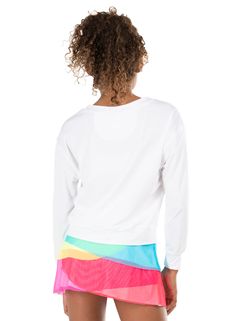 This round neck, drop shoulder, white long sleeve is made from super lightweight polyester. The fabric is rated UPF 50+ for extra fun in the sun. White Stretch Long Sleeve Top For Summer, White Stretch Crew Neck Sweatshirt, White Relaxed Fit Long Sleeve Top For Layering, White Long Sleeve Top With Ribbed Cuffs For Spring, White Stretch Sporty Sweatshirt, White Crew Neck Sweatshirt For Layering, White Sweatshirt For Layering, White Crew Neck Long Sleeve Top For Layering, White Relaxed Fit Sweatshirt For Layering