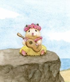 a drawing of a hamster playing a guitar on a cliff by the ocean with a pink flower in her hair