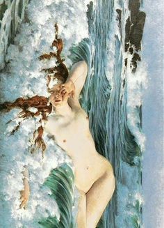 a painting of a naked woman standing in the snow next to a waterfall with water running down it