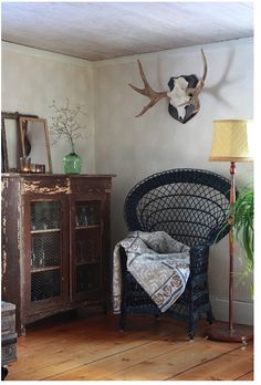 a living room filled with furniture and a deer head mounted on the wall