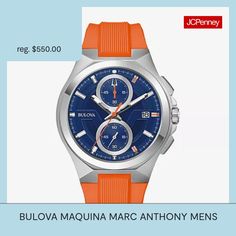 Partnering with legendary performer Marc Anthony, Bulova presents the bold Marc Anthony Maquina men's timepiece. The watch has modern design with a rugged edge, with a faceted silver-tone stainless steel case with 100m water resistance and a flat sapphire crystal with anti-reflective coating for exceptional legibility. The brilliant blue dial features silver-tone and orange accents, including orange accenting at 1, 3, and 5 o'clock, chosen by marc for their personal significance. The dial featu… Classic Chronograph Watch With Stopwatch, Classic Chronograph Watch With Round Dial, Modern Chronograph Watch With Round Dial, Modern Chronograph Watch With Stopwatch, Mens Chronograph, 5 O Clock, Marc Anthony, Orange Accents, 100m