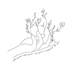 a line drawing of flowers growing out of the ground