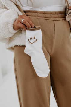 An outfit essential! Elevate your style in our Happy Socks! - One Size Cute Cotton Socks For Fall, Casual Beige Socks For Fall, White Cotton Socks For Fall, Cozy White Socks For Spring, Trendy Beige Cotton Socks, Cotton Socks For Everyday Winter Wear, Winter Cotton Socks For Everyday Use, Comfy White Socks For Loungewear, Casual Winter Socks For Loungewear