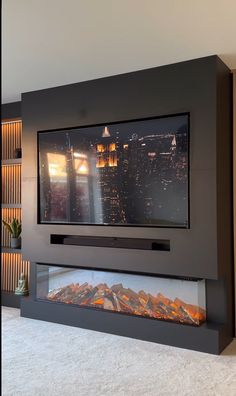 a flat screen tv mounted to the side of a wall above a fireplace in a living room