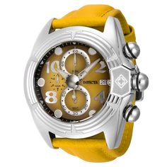 This beautiful Invicta Lupah watch contains a precise Quartz movement in addition to a steel case. Its face displays a yellow, metal dial protected by a highly resistant Flame Fusion Crystal. This timepiece is completed by a yellow, polyurethane band and it offers water resistance of up to 100 m. Invicta's Lupah continues to brazenly hit the streets defying the myth of urban trends. Always offering the original signature stylings for which the patented Lupah is known, Invicta has also diversifie Gold Chronograph Watch With Round Dial For Outdoor, Modern Yellow Chronograph Watch With Tachymeter, Gold Outdoor Watch With Metal Dial, Modern Yellow Chronograph Watch With Subdials, Yellow Chronograph Watch With Tachymeter, Yellow Chronograph Watch With Analog Display, Yellow Chronograph Watch, Yellow Watch With Subdials And Round Dial, Modern Yellow Watch Accessories With Analog Display