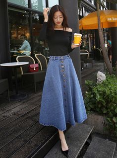 Black Skirt Outfit Summer, Korean Preppy Style, Long Skirt Outfits For Summer, Korean Preppy, Long Skirt Winter, Preppy Mode, Casual Denim Skirt, Jean Skirts, High Waisted Denim Skirt