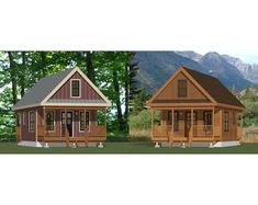 two small wooden cabins with porches on the front and second floor, one is made out of wood