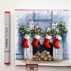 a drawing of christmas stockings in front of a fireplace