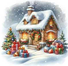 a house with christmas decorations and presents in the snow