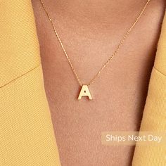 "The elegant letter necklace looks great on its own or paired with other gold necklaces. Get this classic initial necklace to show your love! Afterall, what could be a better gift than a personal and aesthetical touch? D E T A I L S * Made to Order. * 100% 14k Solid Gold * Choice of Gold Color: Yellow Gold, Rose Gold, White Gold * Pendant Height: 7 mm / 0.27 inch * Pendant Width: 7 mm / 0.27 inch * Length: 14\", 16\", 18\", 20\", 22\" (Got a little note that can help you in the photos.) * Ready Gold Initial Necklace, Alphabet Necklace, Letter Pendant Necklace, Initial Necklace Gold, Gold Necklaces, Gold Initial, Letter Pendants, Letter Necklace, Necklace For Women