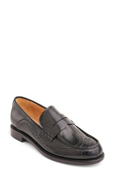 Wingtip styling elevates the look of a classic penny loafer shaped from burnished Italian leather. Leather upper, lining and sole Imported Black Penny Loafers Women, Black And White Penny Loafers, High-end Patent Leather Loafers For Semi-formal Occasions, Black Patent Leather Loafers With Buckle Closure, Office Of Angela Scott, Black Patent Leather Loafers, Loafer Women, Diy Kits Gift, Penny Loafer