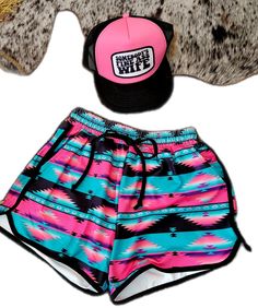 Casual Pink Athletic Shorts For Beach Season, Pink Bohemian Shorts For Beach Season, Bohemian Pink Shorts For Beach Season, Turquoise Vacation Shorts, Pink Bohemian Shorts For The Beach, Bohemian Pink Shorts For The Beach, Pink Bohemian Shorts For Vacation, Casual Turquoise Summer Shorts, Aztec Design