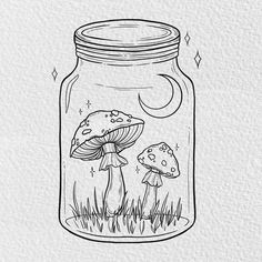 a jar filled with mushrooms sitting on top of a white paper covered wall next to a black and white drawing of a mushroom