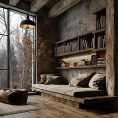 a living room filled with lots of furniture next to a large window and bookshelf