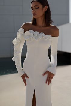 Elegant Crepe Wedding Dress with 3D Petal and Handmade Flower Accents – Wedding Roof Flower Petal Wedding Dress, Glam Wedding Dresses, Flower Petal Dress, Crepe Wedding Dress, Crepe Material, Petal Sleeve, Stunning Wedding Dresses, Simple Silhouette, Classic Wedding Dress