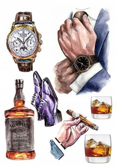 watercolor and ink drawings of men's watches, cigars, and whiskey