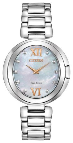 Citizen Ladies Silver Tone Swarovski Crystal, Sapphire Crystal, 50m 5ATM Water Resistant, Mother of Pearl Dial Eco-Drive Watch - Diamond Watches Women, Eco Drive Watches, Citizen Eco, Citizen Watch, Eco Drive, Mens Gift Sets, Watch Model, Diamond Watch, Stainless Steel Band