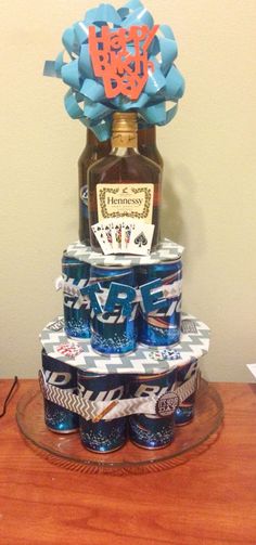 a cake made to look like a bottle of liquor