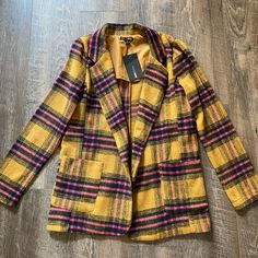 Fashion Nova Yellow And Pink Plaid Blazer Jacket. Brand New Casual Yellow Blazer With Long Sleeves, Casual Yellow Long Sleeve Blazer, Spring Yellow Blazer With Pockets, Casual Yellow Blazer For Work, Multicolor Fall Blazer For Workwear, Multicolor Fall Blazer For Work, Multicolor Blazer For Fall Workwear, Multicolor Fall Workwear Blazer, Multicolor Blazer For Workwear In Fall