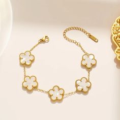 Luxury Stainless Steel Bracelet Women Double-Sided Five Flower Bracelets For Women Men Clover Fashion Jewelry Accessories Gifts Clover Jewelry, Rhinestone Statement Necklace, White Bracelets, Anklet Bracelet, Leaf Flowers, Charm Bangle, Timeless Accessories, Flower Bracelet, Fashion Accessories Jewelry