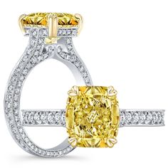 3.75 Ct. Canary Fancy Yellow Cushion Cut Diamond Engagement Ring VS1 GIA Certified Cushion Cut Pave Engagement Ring, Radiant Cut Diamond Engagement Rings, Cushion Cut Diamond Engagement Ring, Yellow Diamonds Engagement, Yellow Cushion, Cushion Cut Diamond Ring, Fancy Light, Radiant Cut Engagement Rings, Pave Diamond Engagement Rings