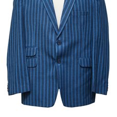 This Chiragh Apparel blazer is an elegant upgrade on dapper tailoring and features rich shades in a sumptuous fabric for elegant opulence. Fashioned from premium quality wool, this striped blazer features full lining in Japanese silk, a notch lapel, two-button closure and single-vented back. A left chest pocket and three flap pockets appoint the front while the inside has two (2) pockets on the left and one (1) pocket on the right. A flash of contrast piping is added to the jacket lining inside. Formal Blue Blazer With Suit Collar, Royal Blue Single-breasted Suit For Semi-formal Occasions, Royal Blue Notch Lapel Blazer For Tailoring, Classic Tailored Royal Blue Blazer, Formal Tailored Blue Blazer, Tailored Blue Blazer For Formal Occasions, Formal Blue Blazer With Welt Pockets, Classic Royal Blue Blazer With Suit Collar, Blue Formal Blazer With Welt Pockets